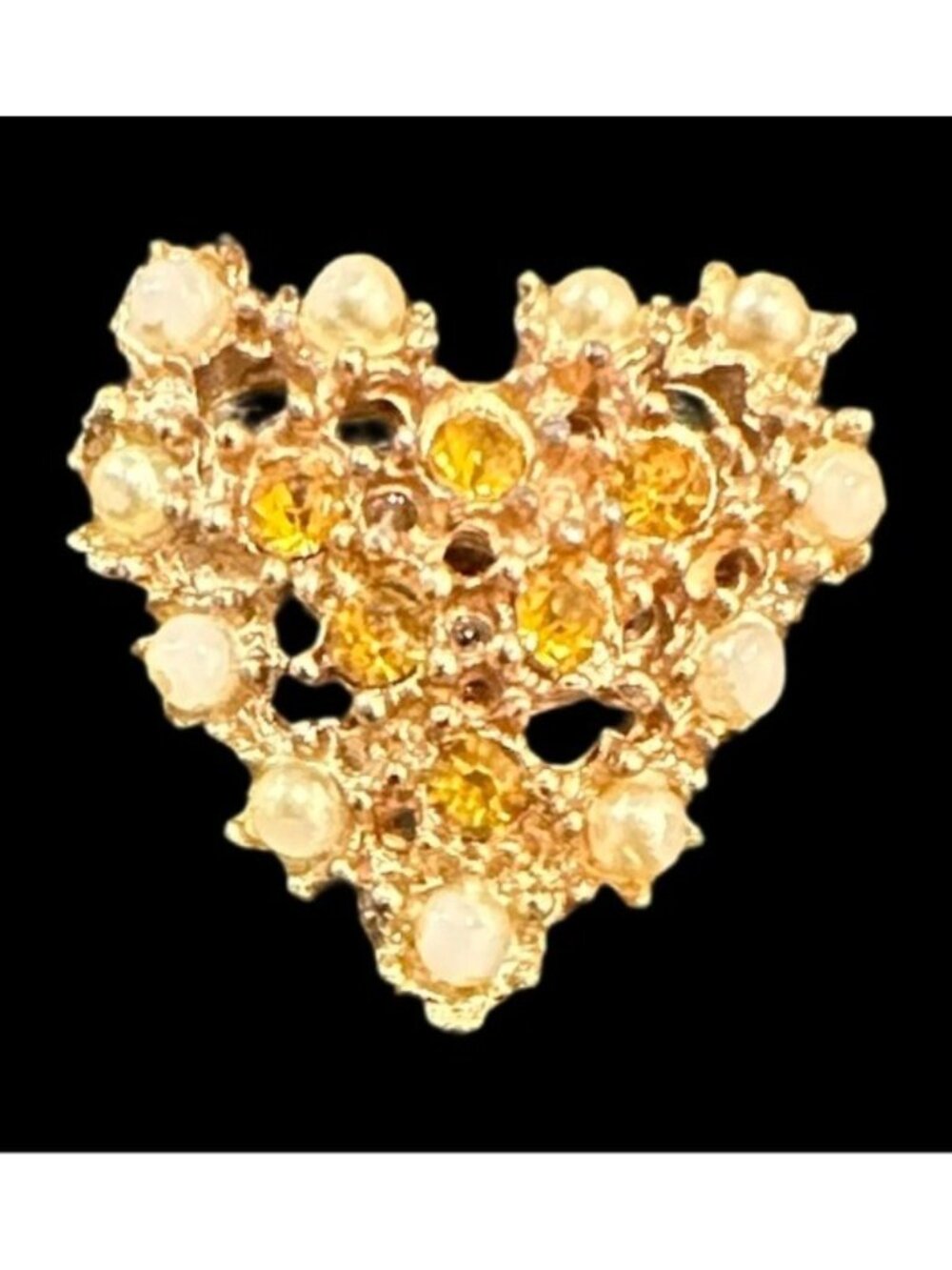 Vintage Brooch Heart Shaped Gold Tone Faux Pearl Topaz Rhinestone Womens